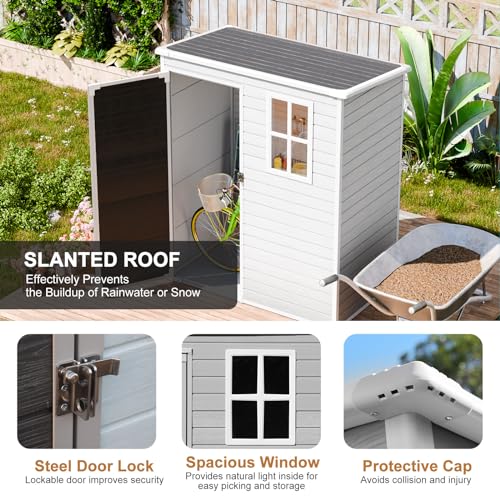 Outdoor Resin Storage Shed with Floor Included 5x3 FT, Waterproof Outside Sheds with Window Lockable Door, Plastic Sheds for Backyard Garden Patio Lawn Tools, Gray