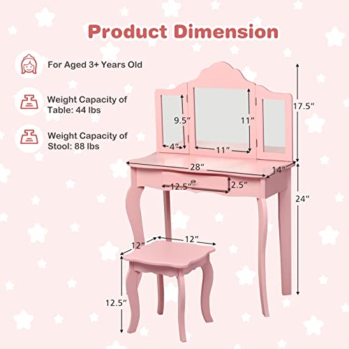 HONEY JOY Kids Vanity Set with Mirror, 2-in-1 Wooden Toddler Vanity Table with Stool, Tri-Folding Mirror & Drawer, Removable Top, Princess Pretend Play Beauty Makeup Vanity for Little Girls (White)