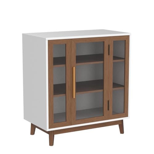 BELLEZE Sideboard Buffet Cabinet, Modern Curio Cabinet 3-Tiers Console Table for Kitchen Glass Display Cabinet Storage/Pantry Cabinet Coffee Bar for Living Room Bedroom Entryway, Brown