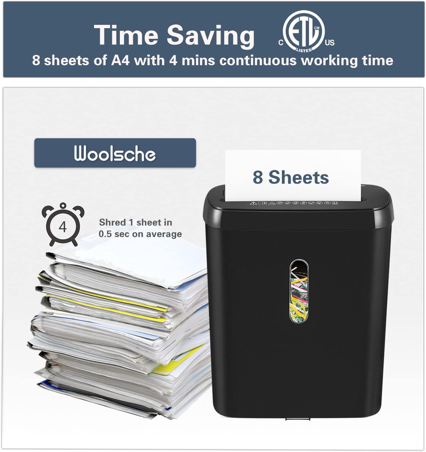 Woolsche Home Office Shredders C220P 6-Sheet Cross Cut Removable, Low Noise Desktop Paper Shredder with Security Lock, P-4 Security Level Shreds Paper/Credit Card