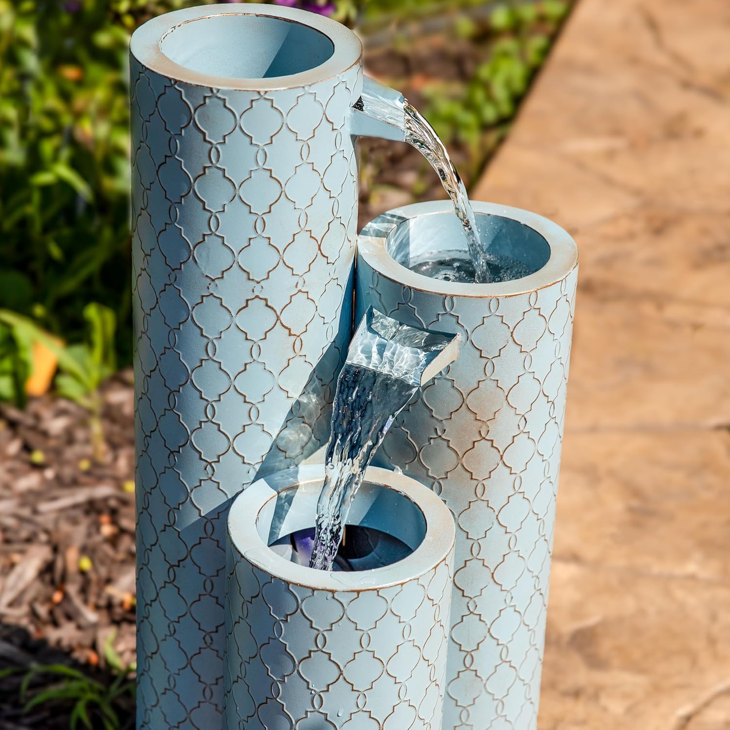 Sunnydaze Moroccan Trellis 3-Column Modern Outdoor Water Fountain - Zinc Cascading Outdoor Fountain - 27.5-Inch