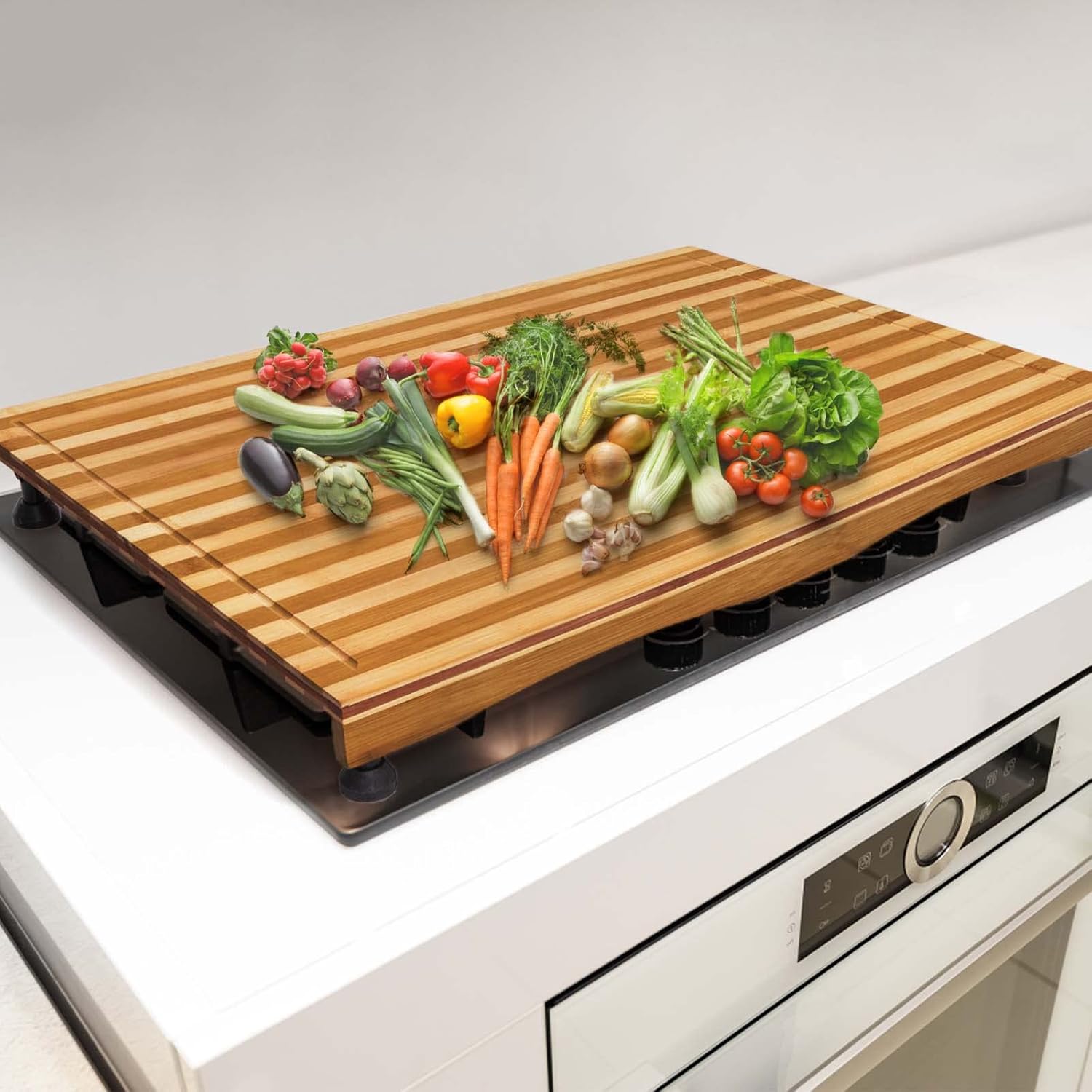 Bamboo Stovetop Cover&Countertop Cutting Board with Adjustable Legs, Dual-purpose Chopping Board for Electric Stove Burner, Workspace Block Cover for RV Camping Camper Gas Cook Top Cover