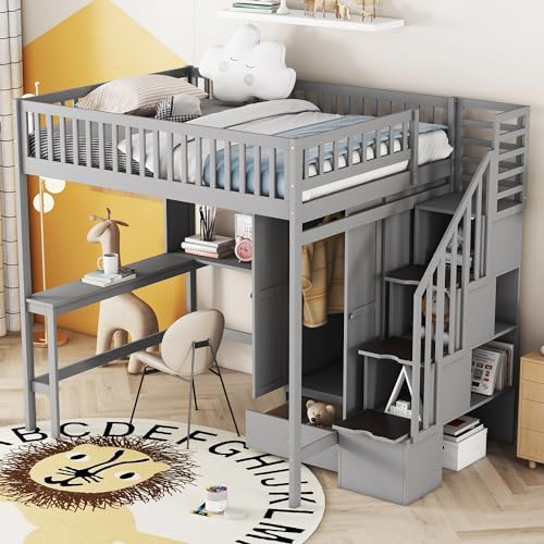 Full Size Loft Bed with Wardrobe Desk Storage Stairs, Wood Loft Bed Frame with Bookcase and Drawers, High Loft Bedframe for Kids Teens Adults, No Box Spring Needed, Espresso