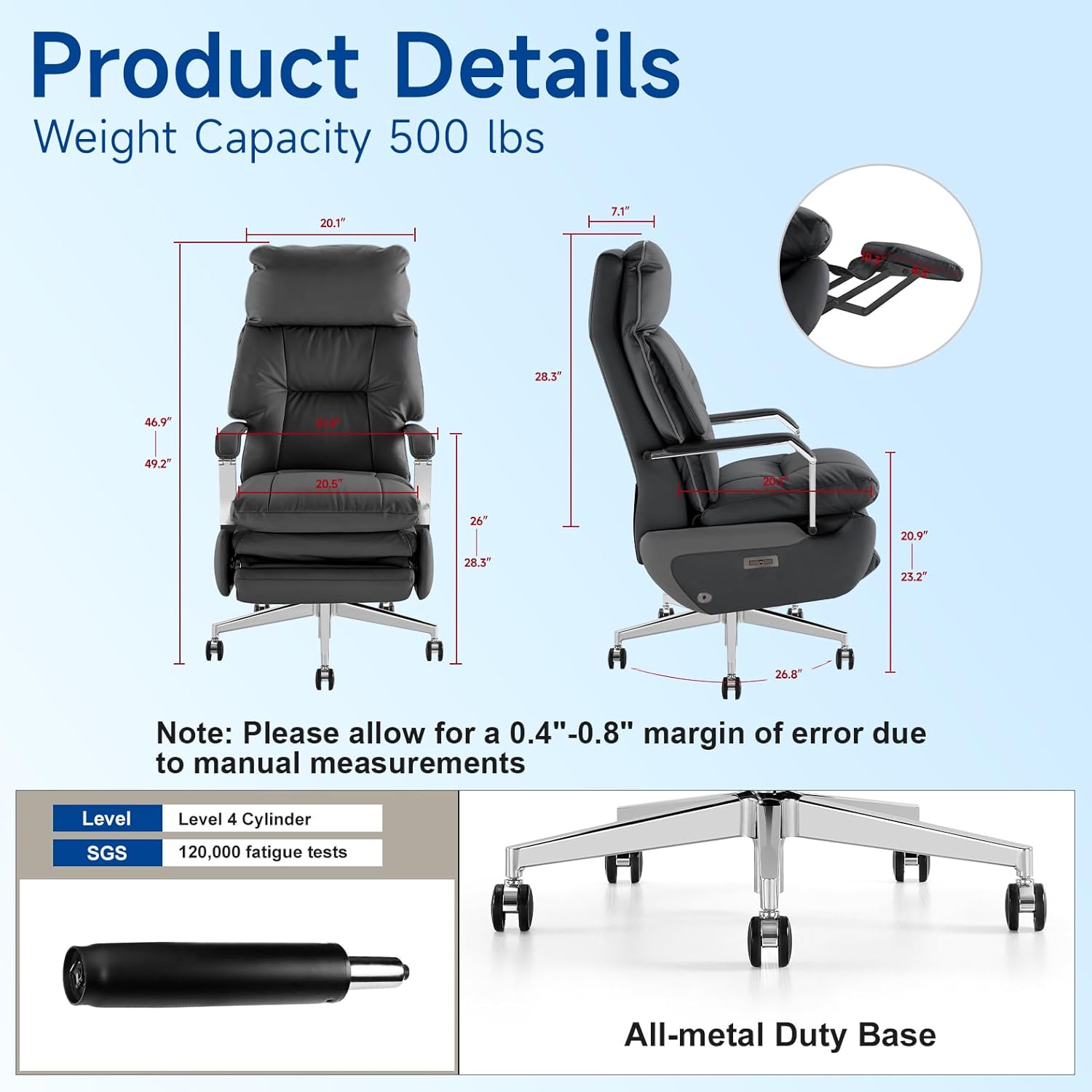 Dual-Motor Executive Office Chair with Footrest Independent Electric Reclining Big and Tall Office Swivel Desk Chair, Ergonomic Chair High Back Large Comfor Home Office Leather Computer Chair (Black)