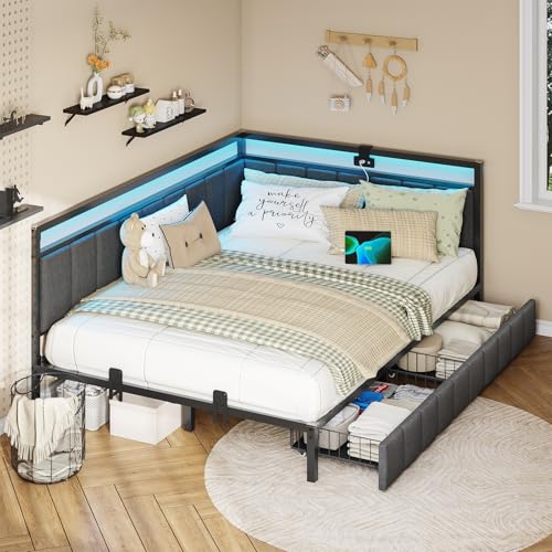 DICTAC Corner Full Bed Frame with 2 Storage Drawers and Charging Station Full Size Platform Bed Frame with Led Lights and Upholstered Guardrail Daybed for Living Room, Bedroom and Guest Room, Gray