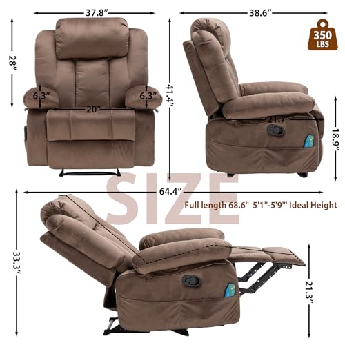 Rocker Recliner Chairs for Adults with Massage & Heat,360°Swivel Glider Nursery Manual Overstuffed Reclining Chair for Living Room,Upholstered Fabric 120°Rocking Chair Bedroom RV Brown