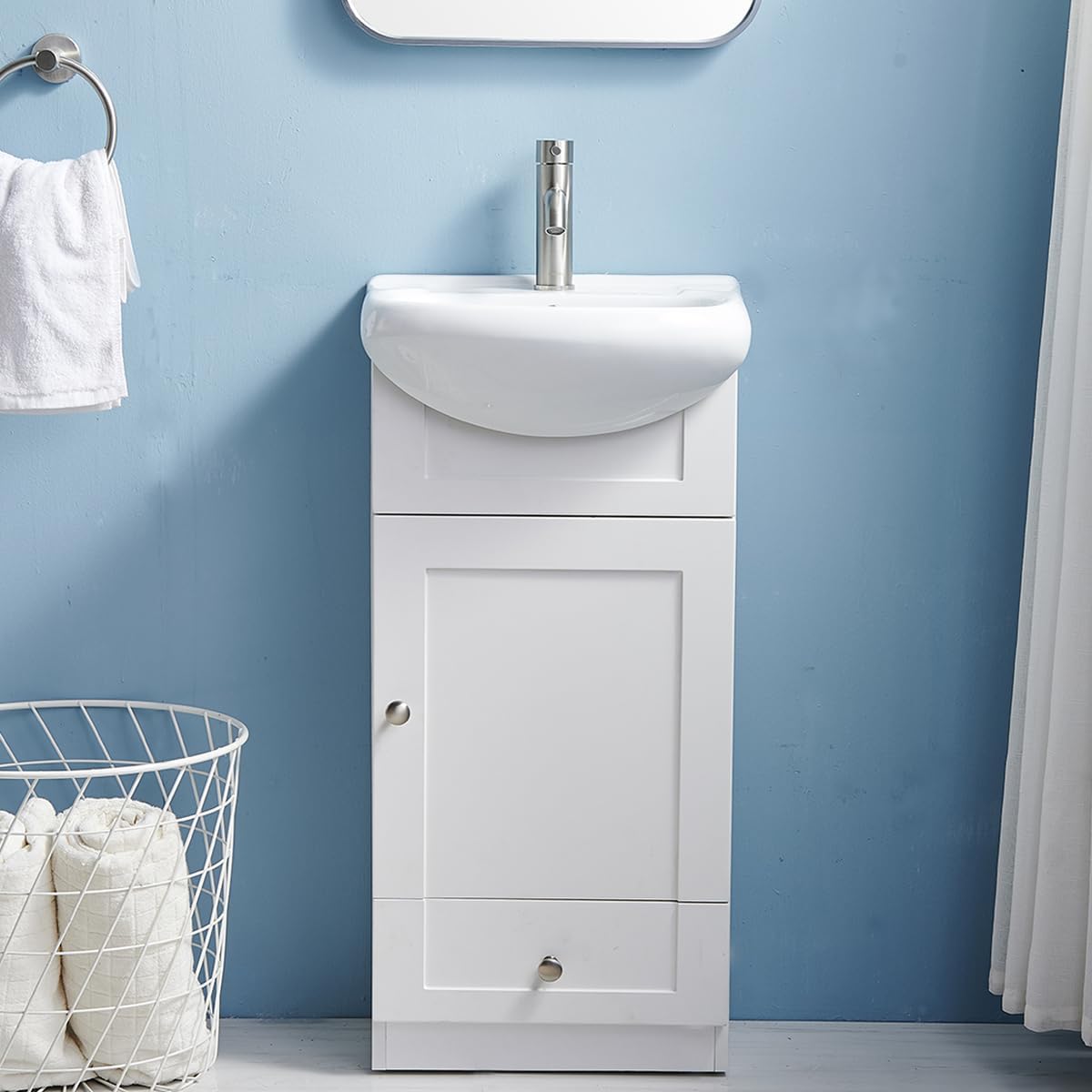 18" Small Bathroom Vanity with Sink, Modern Bathroom Vanity Set in White, Narrow Bathroom Vanity Sink Combo for Small Space, Bathroom Vanity Sink Cabinet with 1 Door and 1 Drawer