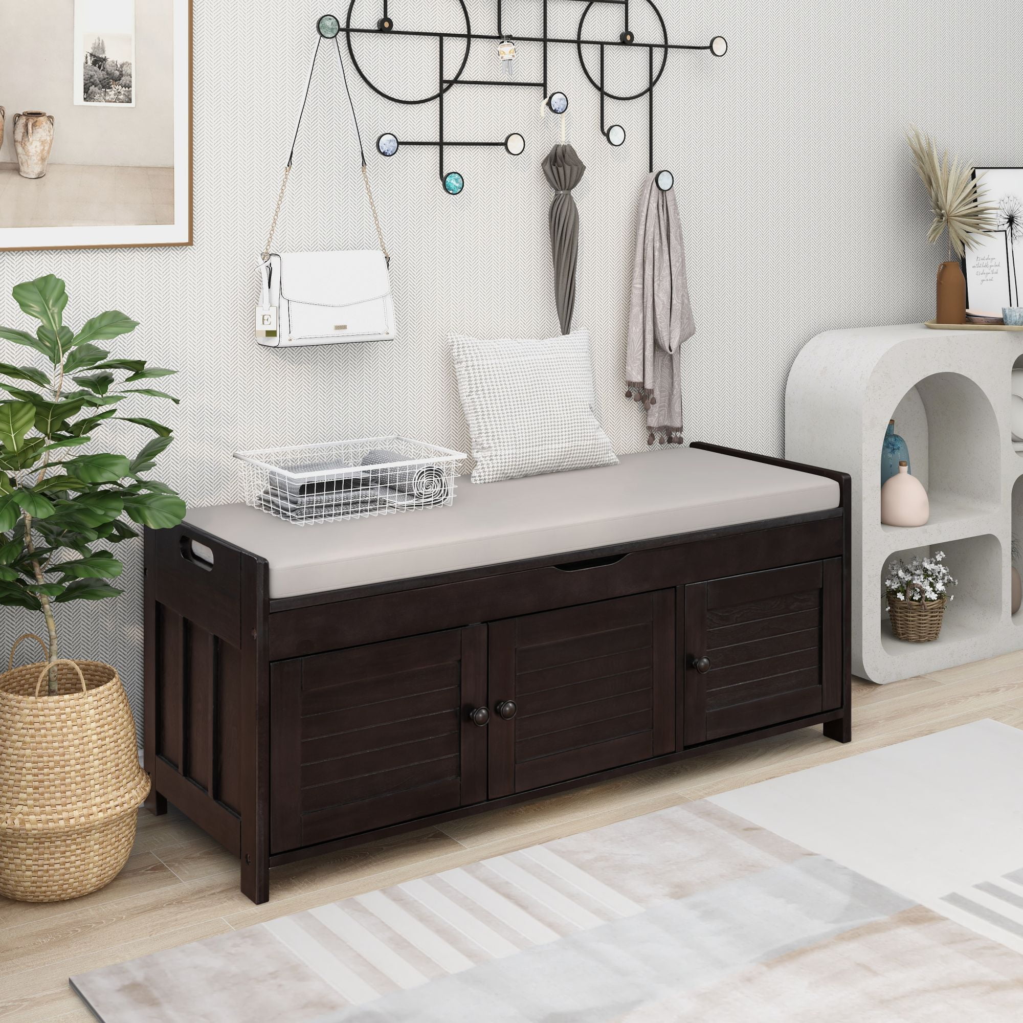 Home Entryway Storage Bench with Removable Cushion, 43.5” Wooden Shoe Storage Bench with 3 Doors, Bench Seat with Hidden Storage and Cushion, Espresso