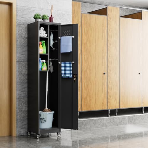 Aobabo 71" H×34" W×18" D Garage Metal Storage Cabinet with Wheels, Locking Steel Storage Cabinet with 5 Shelves and 4 Hooks, for Home Office, School, Assembly Required, Black Silver