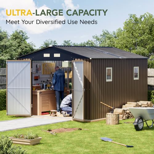 Outdoor Storage Shed 10 x 12ft. Utility Tool Shed Metal Storage Garden Shed with Lockable Doors, Windows & Metal Frame Floor for Patio Storage,Brown