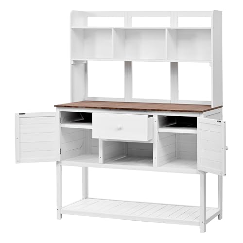 Outdoor Wooden Potting Bench Table – Farmhouse Garden Workstation with Drawers, Cabinet & Storage Shelves, Large Fir Wood Work Table for Patio, Backyard, Mudroom, Greenhouse (Light Brown, 66''H)