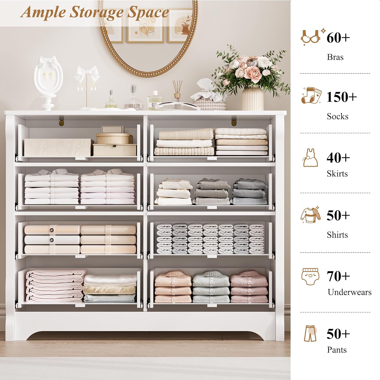 HITHOS 8 Drawer Dresser for Bedroom, White Dresser, 47" Wood Dresser & Chest of Drawers, Modern Double Storage Dresser Cabinet with Deep Drawers | Metal Handles for Living Room, Hallway, Entryway