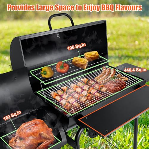 Leonyo Charcoal Grill with Smoker, BBQ Charcoal Grill and Offset Smoker, Large Barrel Grill with Grill Cover, 811 Square Inches, Griddle Accessories kit of 21, Outdoor Camping, Backyard, Patio Parties