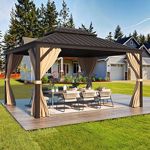 EROMMY 14'x20' Hardtop Gazebo Double Roof Galvanized Steel Canopy Outdoor Aluminum Frame Permanent Metal Pavilion with Netting and Curtains for Patio Backyard Deck and Lawns