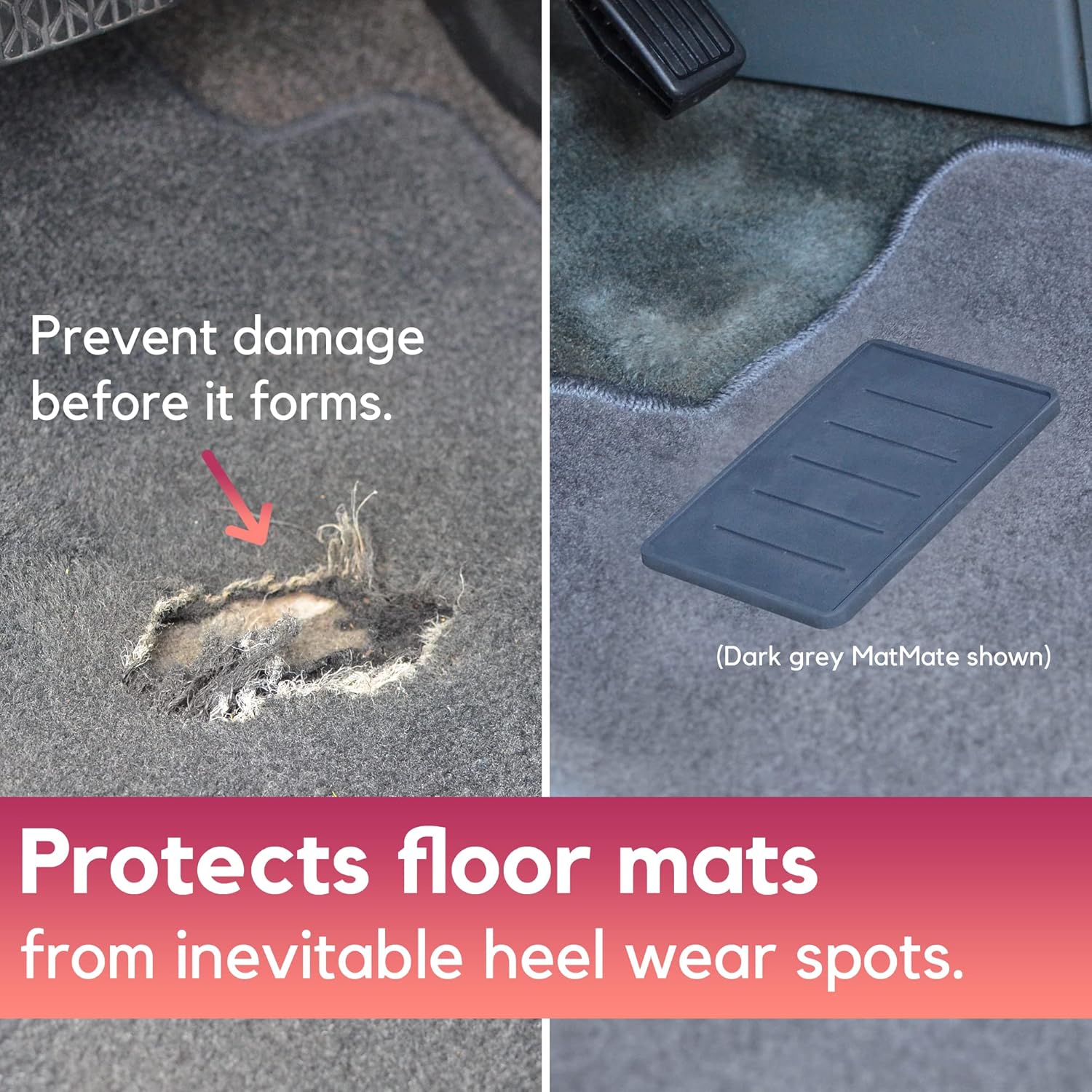 MatMate Car Floor Mat Universal Heel Protector Pad with Carpet-Safe Adhesive - Protect Floor Mat from Tears, Marks, Rips & Holes - Made in USA Dark Grey Pack of 2