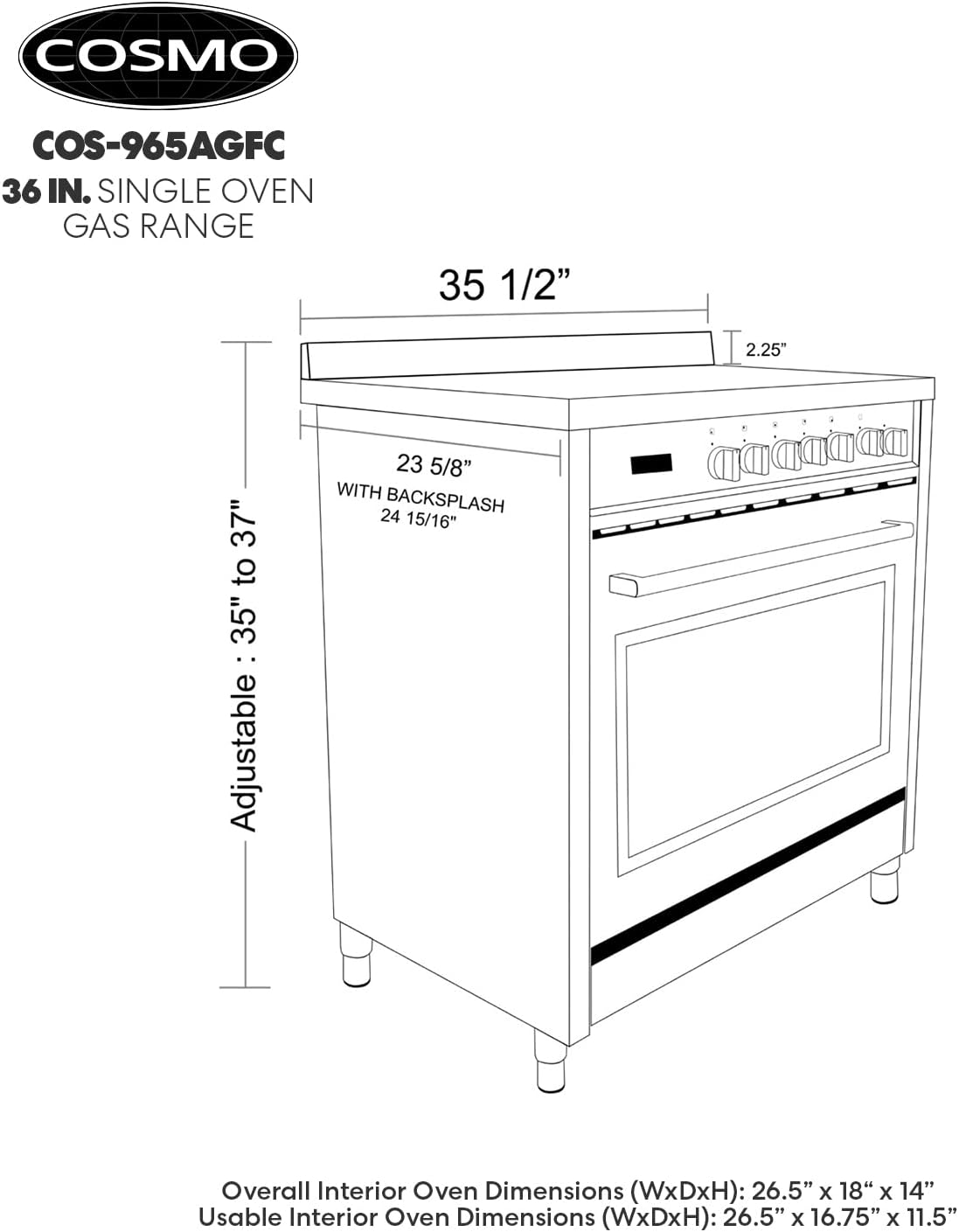 Cosmo COS-965AGFC 36 in. 3.8 cu. ft. Gas Range with Oven and 5 Burner Cooktop with Heavy Duty Cast Iron Grates and 4 Feet in Stainless Steel
