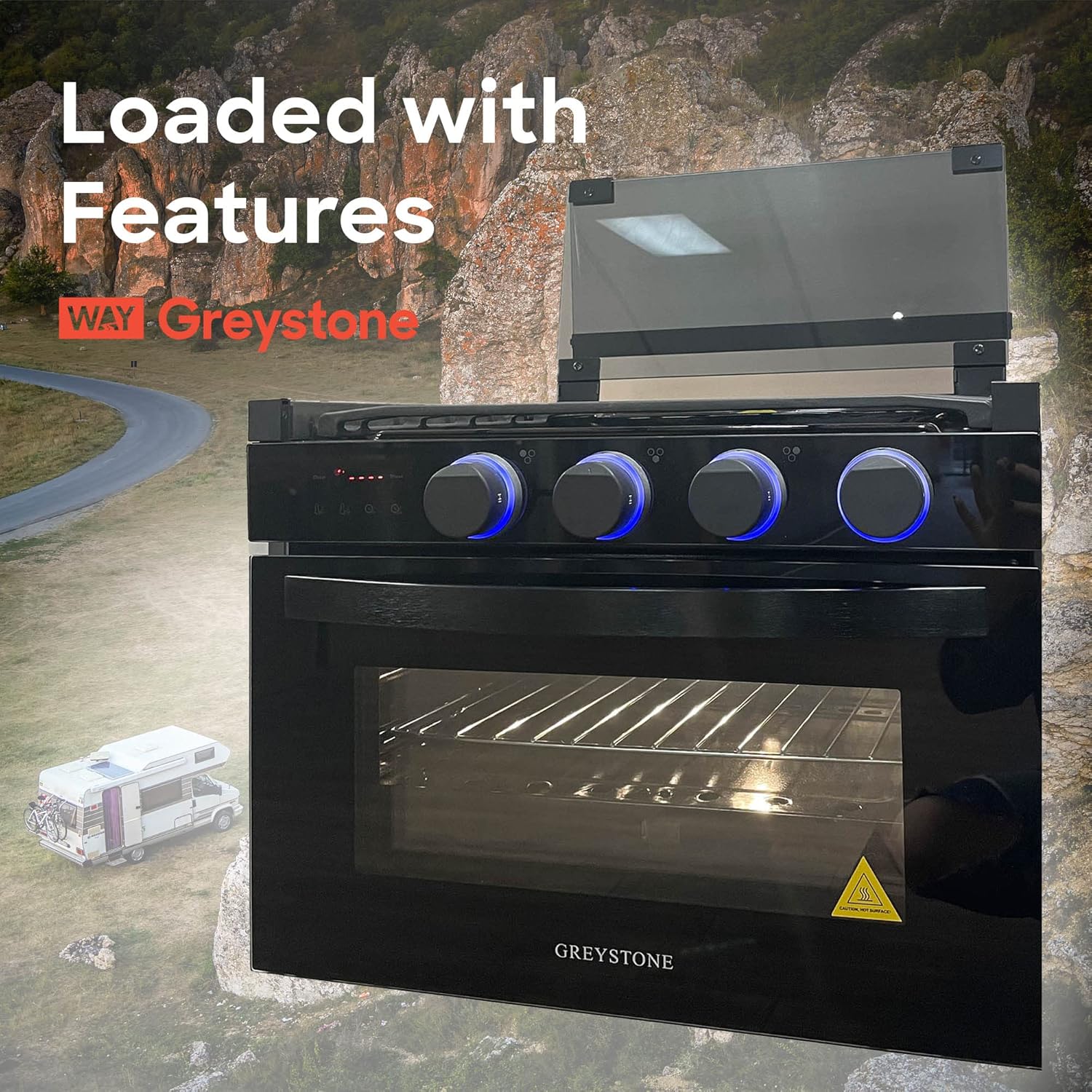 Way Interglobal Greystone, 17 Inch Digital RV Gas Range, Stove and Oven Combo, 12 Volt, LP, 3 Burners, Black
