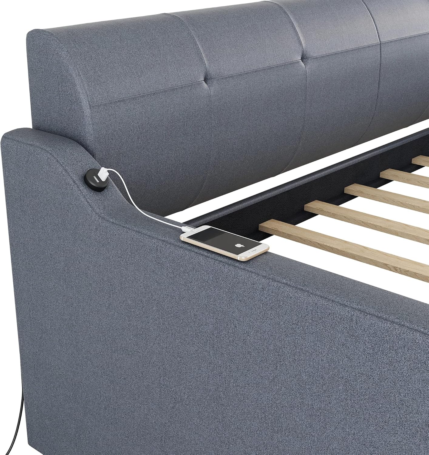 MERITLINE Upholstery Daybed with Trundle and USB Charging, Twin to King Extendable Sofa Bed Frame, Daybed with Trundle Bed can be Flat or Erected, 2 Twin Beds for Bedroom Living Room (Grey)