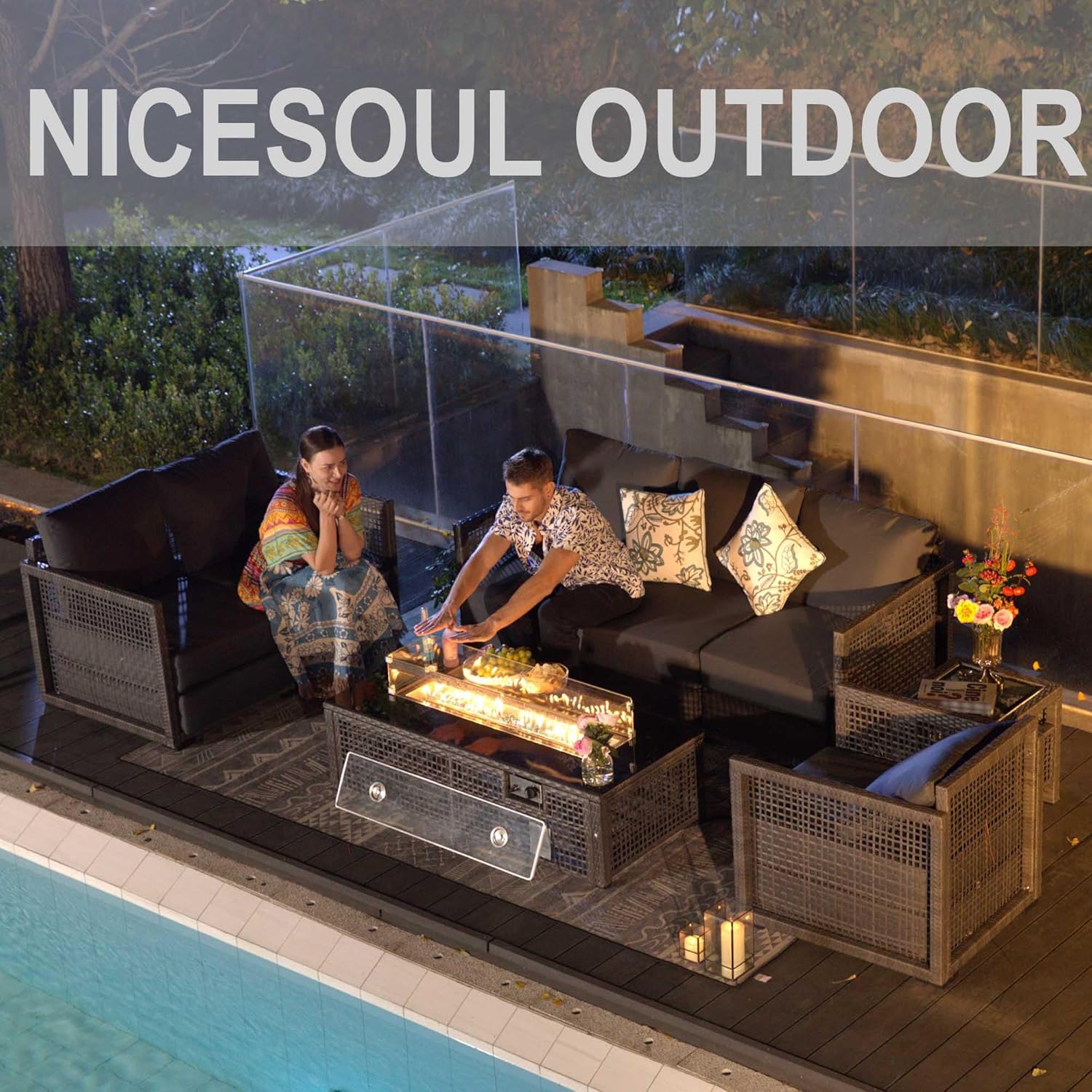 NICESOUL® 10 Piece Patio Furniture Set with Fire Pit Table Large Size Wicker Outdoor Sectional Luxury Rattan Conversation Sets Modular Sofa with Propane/Natural Gas Convert for Pool Lawn Grey
