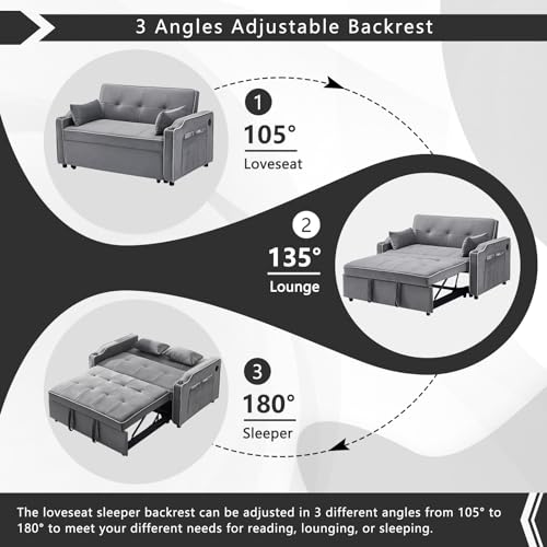 3 in 1 Convertible Sleeper Sofa Bed, Velvet Sofa Couch with Pull Out Bed, Modern Loveseat Sofa with Adjustable Backrest/Side Pockets/USB Charging/Cup Holders for Living Room Bedroom (Gray)