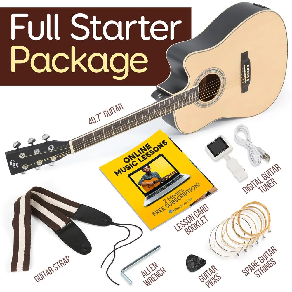 Pyle Acoustic Electric Cutaway Guitar 4/4 Scale 41” Steel String Spruce Wood Onboard Tuner, Picks, Shoulder Strap for Beginners and Students