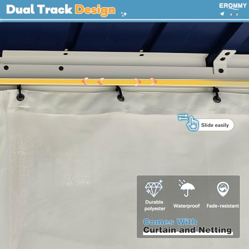 EROMMY 14'x20' Hardtop Gazebo Double Roof Galvanized Steel Canopy Outdoor Aluminum Frame Permanent Metal Pavilion with Netting and Curtains for Patio Backyard Deck and Lawns