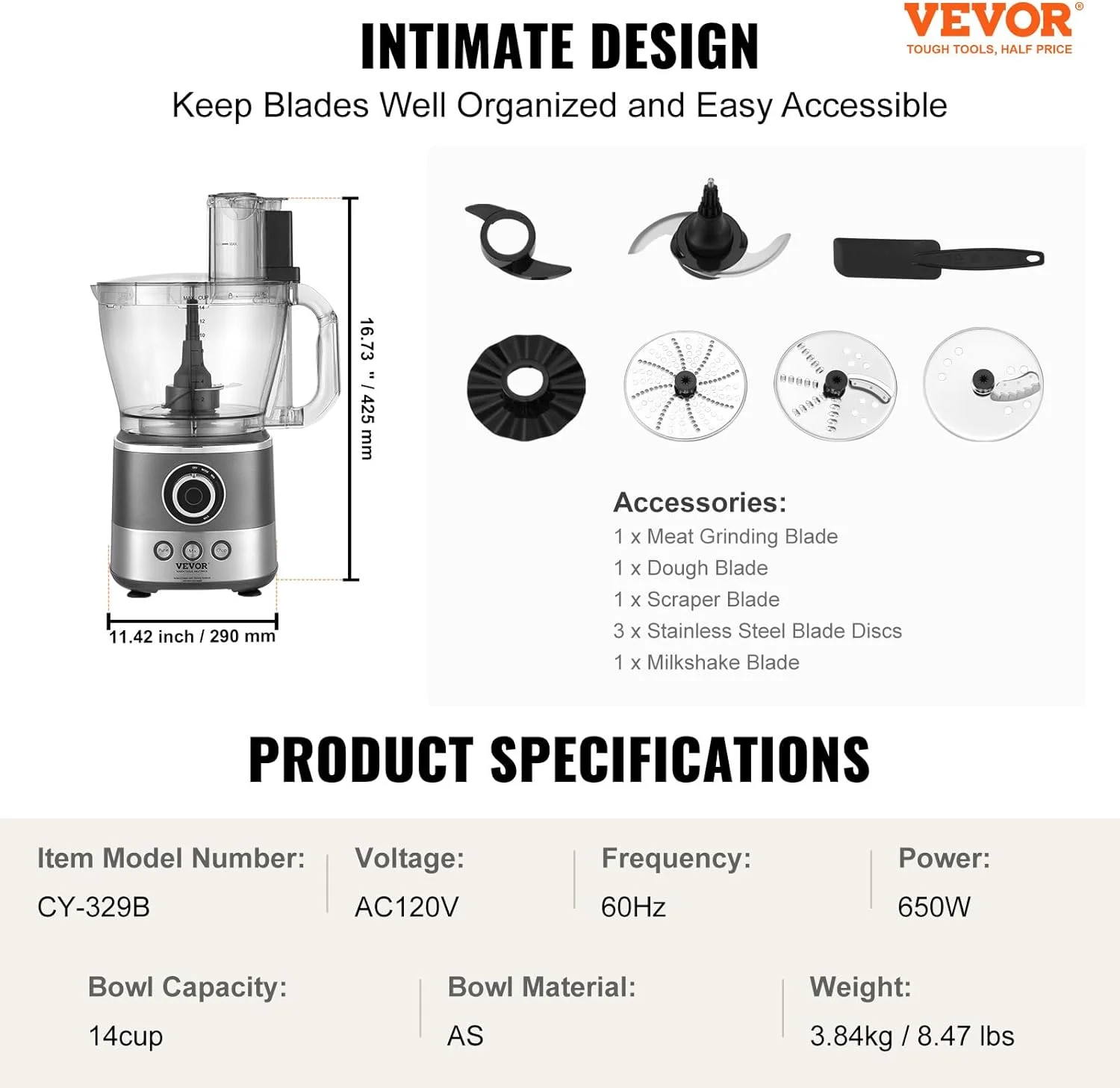 Vevor  650W 14-Cup Vegetable Chopper 2-Speed Stainless Steel Blade Electric Food Processor, Gray