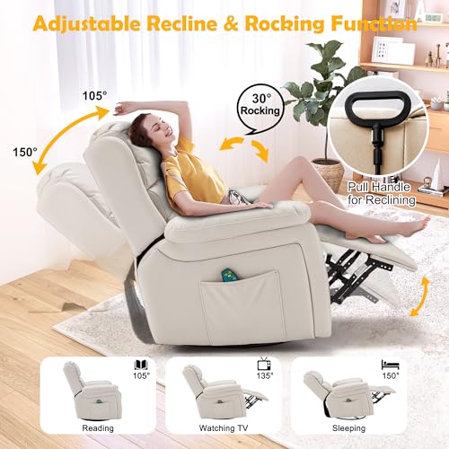 GYUTEI Massage Recliner Chair with Heated, 360 Degree Swivel Rocking Recliner Chair for Adults, Microfiber Cloth Lazy Boy Recliner with Side Storage Bag for Living Room, Bedroom, Nursery (Beige)