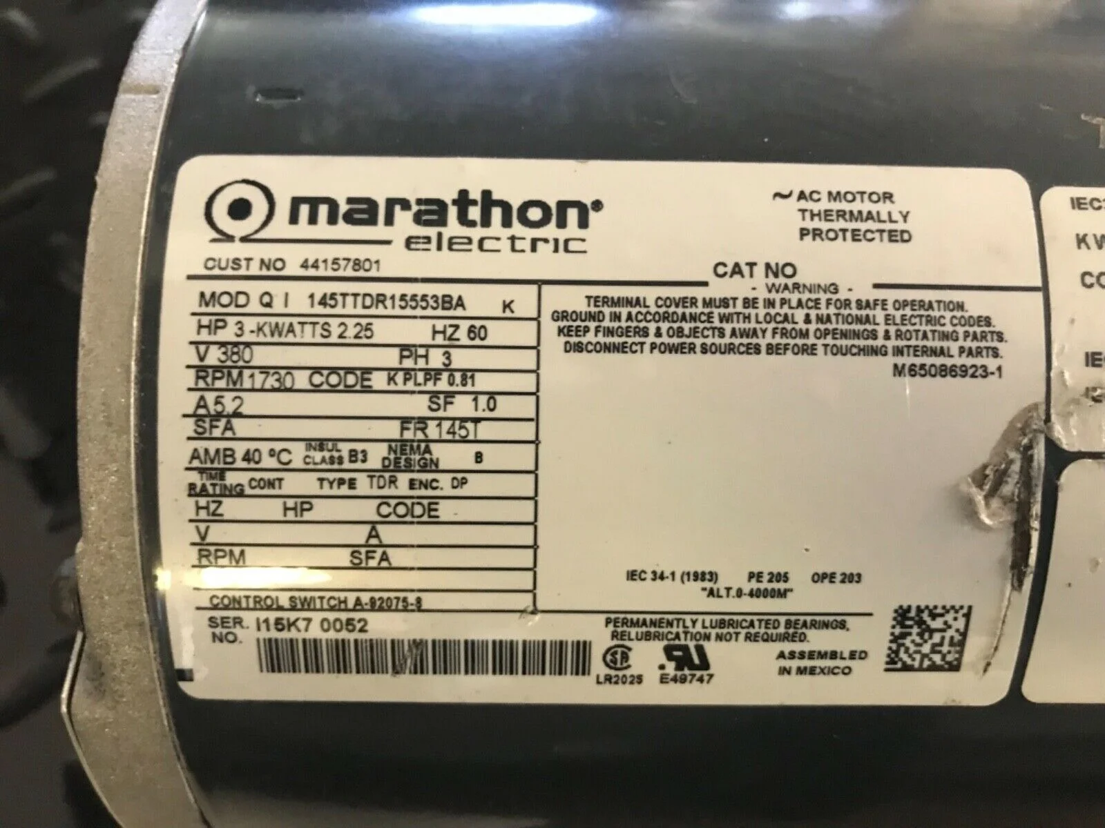 ALLIANCE SPEED QUEEN Unimac 44157801 Dryer MOTOR B 380/60/3 3HP
