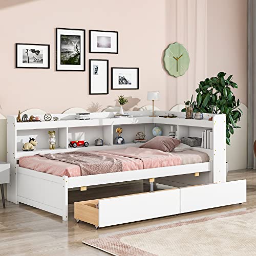 Full Size Platform Bed with Two Storage Drawers and L-Shaped Bookcase, Wooden Captain Bed Frame with Bookcase Headboard, Corner Bed Frame for Bedroom, No Box Spring Needed (Grey)