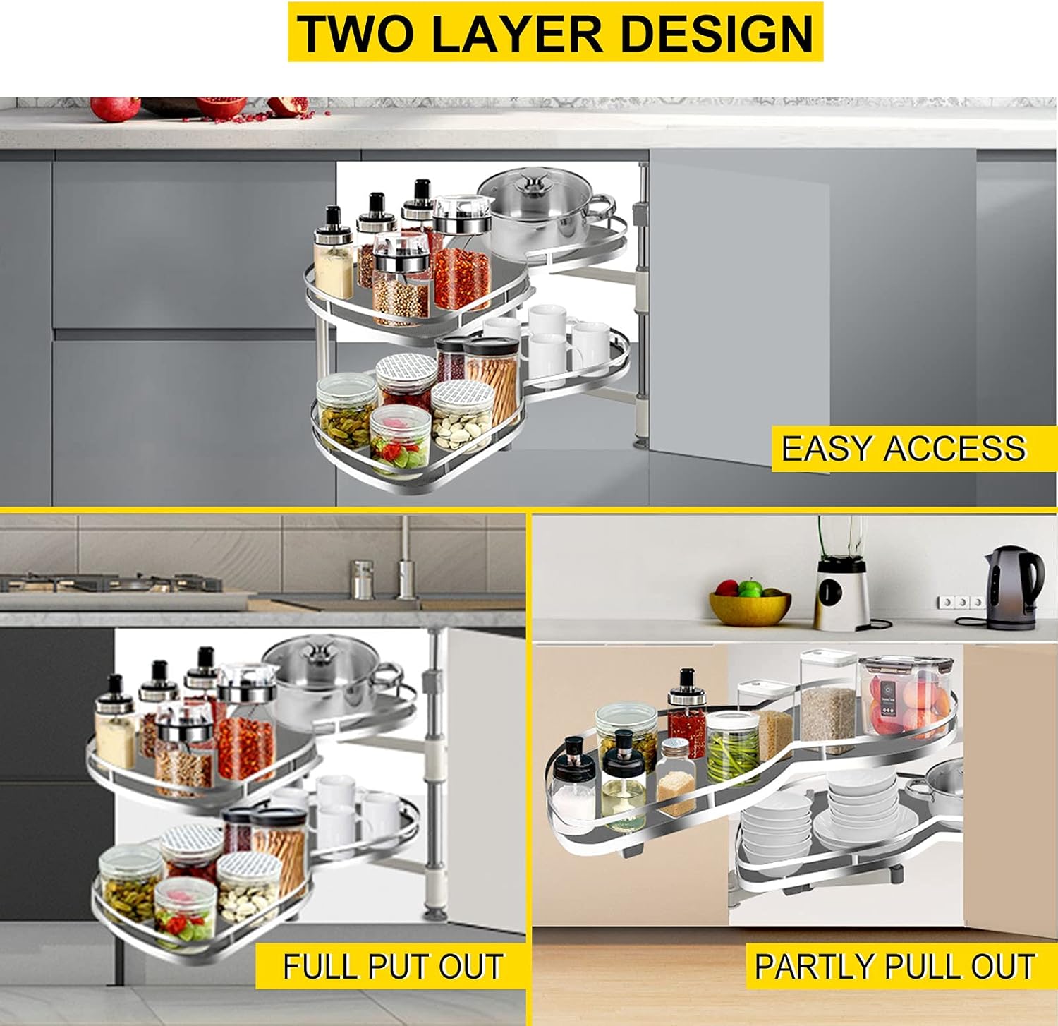VEVOR Swing Left Blind Corner Cabinet Pull Out for 36 inch Cabinet, 2 Tier Swing Tray Blind Kitchen Cabinet, Soft Close Cloud Blind Organizer for Right Handed Open Blind Corner Cabinet