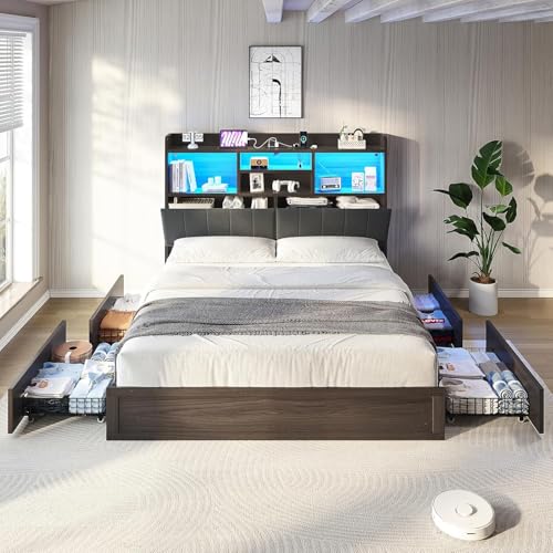 Full Farmhouse Bed Frame with Bookcase Headboard and 4 Drawers, LED Storage Bed with Charging Station & Linen Upholstered, No Box Spring Needed, Black