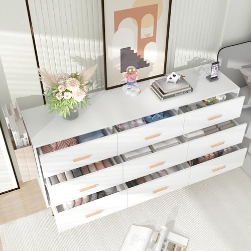 9 Drawer Dresser for Bedroom, 63” Long Dresser with Charging Station, Modern Chest of Wide Drawers with Gold Handles & Storage Pocket, Wood Dresser for Kids Bedroom, Hallway, White