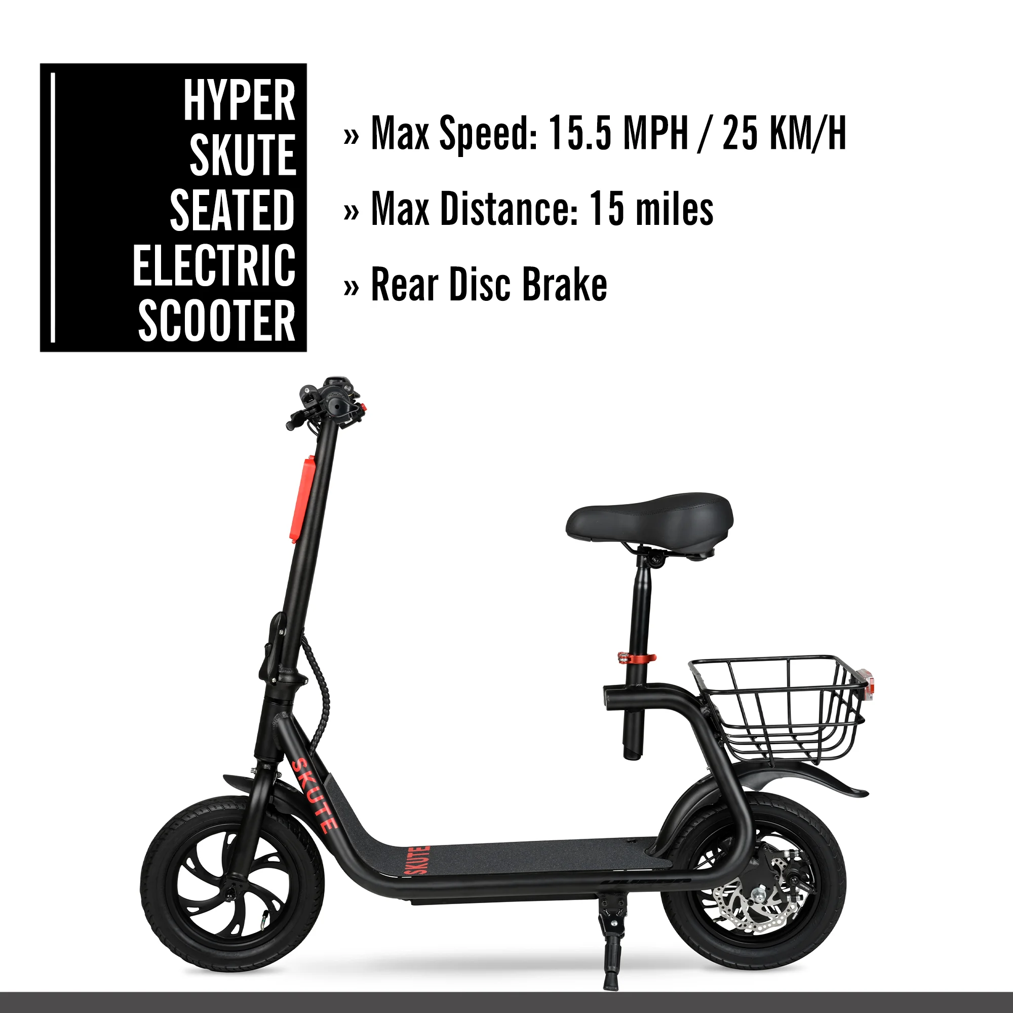 Hyper 36V Skute Commute 12" Seated Electric Scooter with Basket, 250W Motor, 13 Years+, Max Speed 15mph