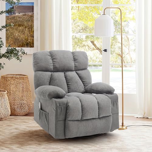 Massage Rocker Recliner Chair with Heat and Vibration Ergonomic Rocking Lounge Chair for Living Room Comfy Overstuffed Recliner with 4 Side Pockets,2 Cup Holders, USB Charge Port, Grey