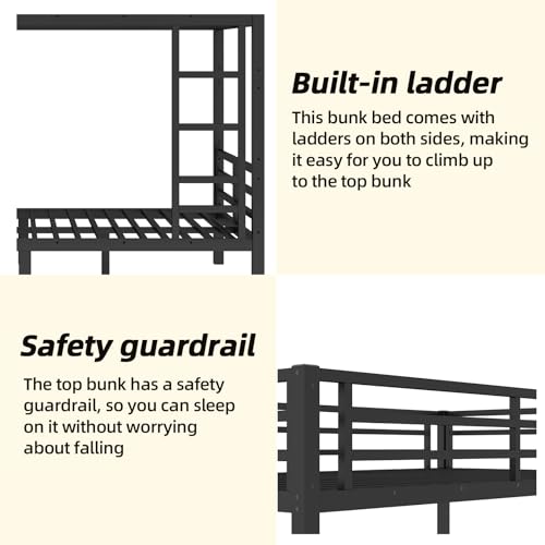 Twin XL Over Twin XL Bunk Bed, Metal Bunk Bed Frame Heavy Duty Bunk Beds Loft Bed Frame with Ladder and Guardrail Metal Slats No Box Spring Required for Adults Teens, Black