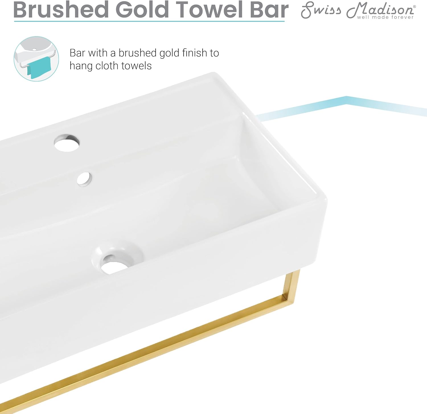Reims 22" Wall-Mount Bathroom Sink with Brushed Gold Towel Bar