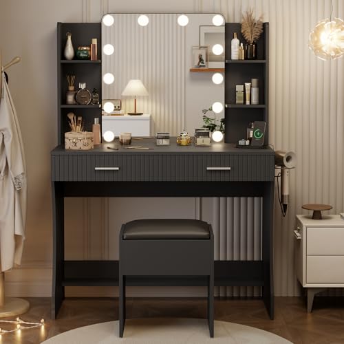 Vanity Desk with LED Lighted Mirror, Makeup Vanity with 3 Adjustable Lights, 2 Large Drawers and 4 Open Shelves, White Vanity with Storage Stool for Bedroom