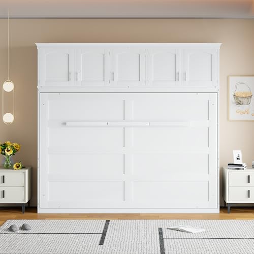 Full Murphy Bed with Cabinets, Full Size Murphy Bed Cabinet Bed, Solid Wood Wall Bed, Hidden Murphy Beds Foldable Platform Bed Frame, Horizontal Murphy Bed for Guest Room or Home Office, Grey