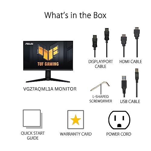 ASUS TUF Gaming 27" 2K HDR Gaming Monitor (VG27AQ) - QHD (2560 x 1440), 165Hz (Supports 144Hz), 1ms, Extreme Low Motion Blur, Speaker, G-SYNC Compatible, VESA Mountable, DisplayPort, HDMI ,Black