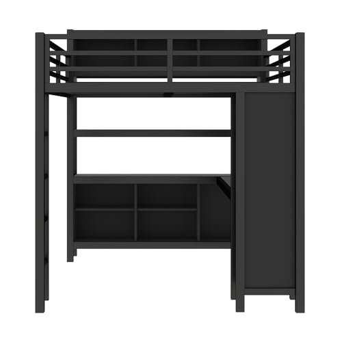 Linique Metal Loft Bed with Wardrobe & L-Shaped Desk - Sturdy Space-Saving Loft Bed Includes Storage Cubes, Shelves for Kids, Teens, Adults (White, Queen)