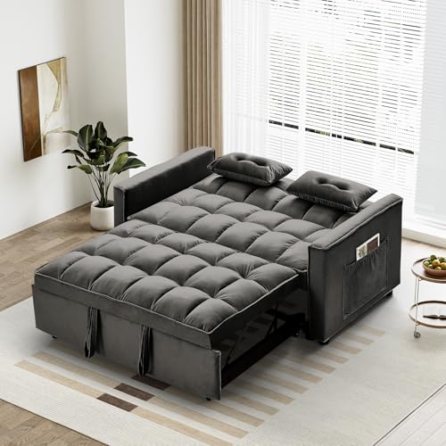 3 in 1 Convertible Sleeper Sofa Couch with Pullout Bed, Adjustable Pull Out Loveseat Sofa with USB Port & Pocket, Modern 2 Seater Chaise Lounge for Living Room, Small Spaces, Black Velvet