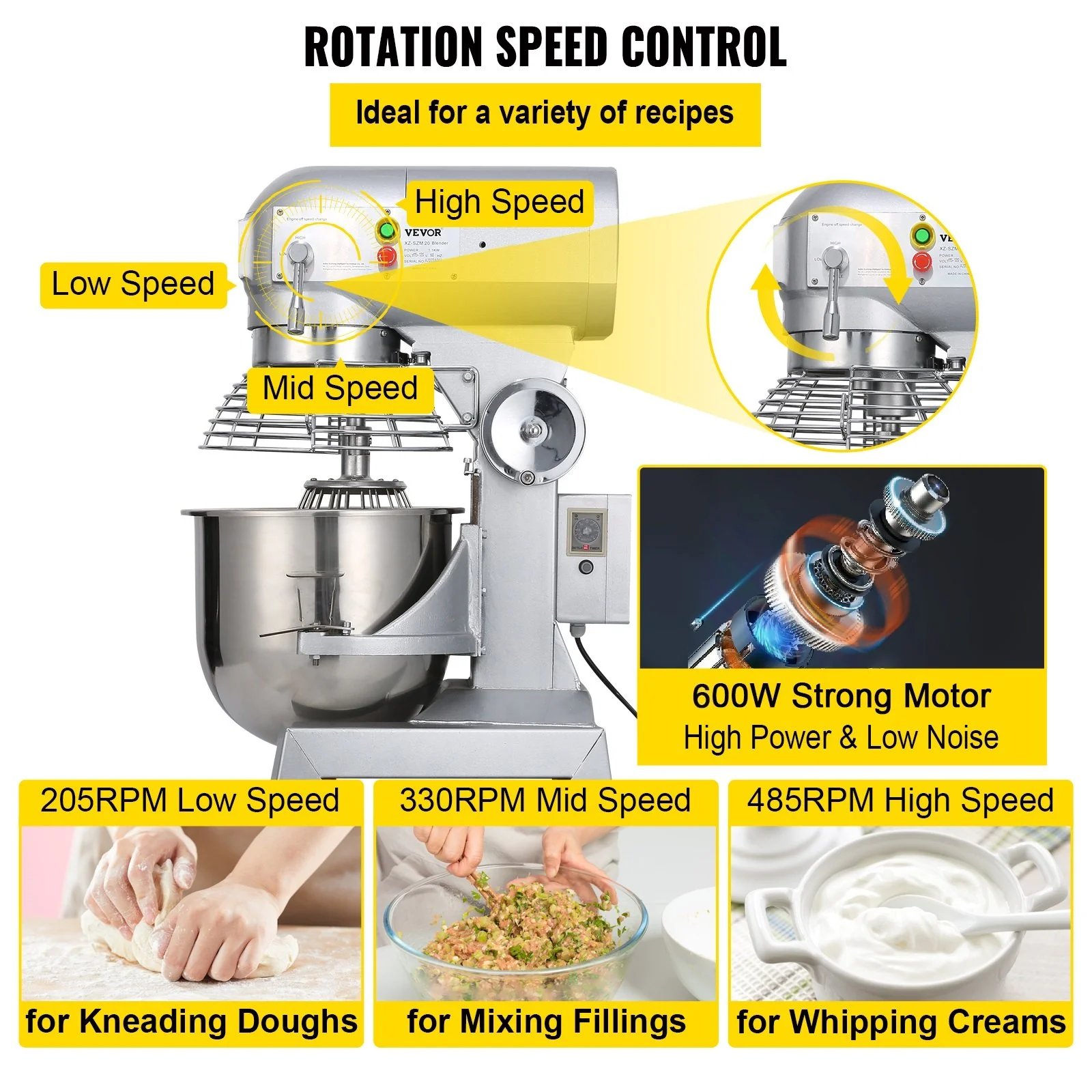 VEVOR Commercial Food Mixer, 15Qt 600W, 3 Speeds Adjustable, Heavy Duty 110V, Stainless Steel Bowl Dough Hooks Whisk Beater