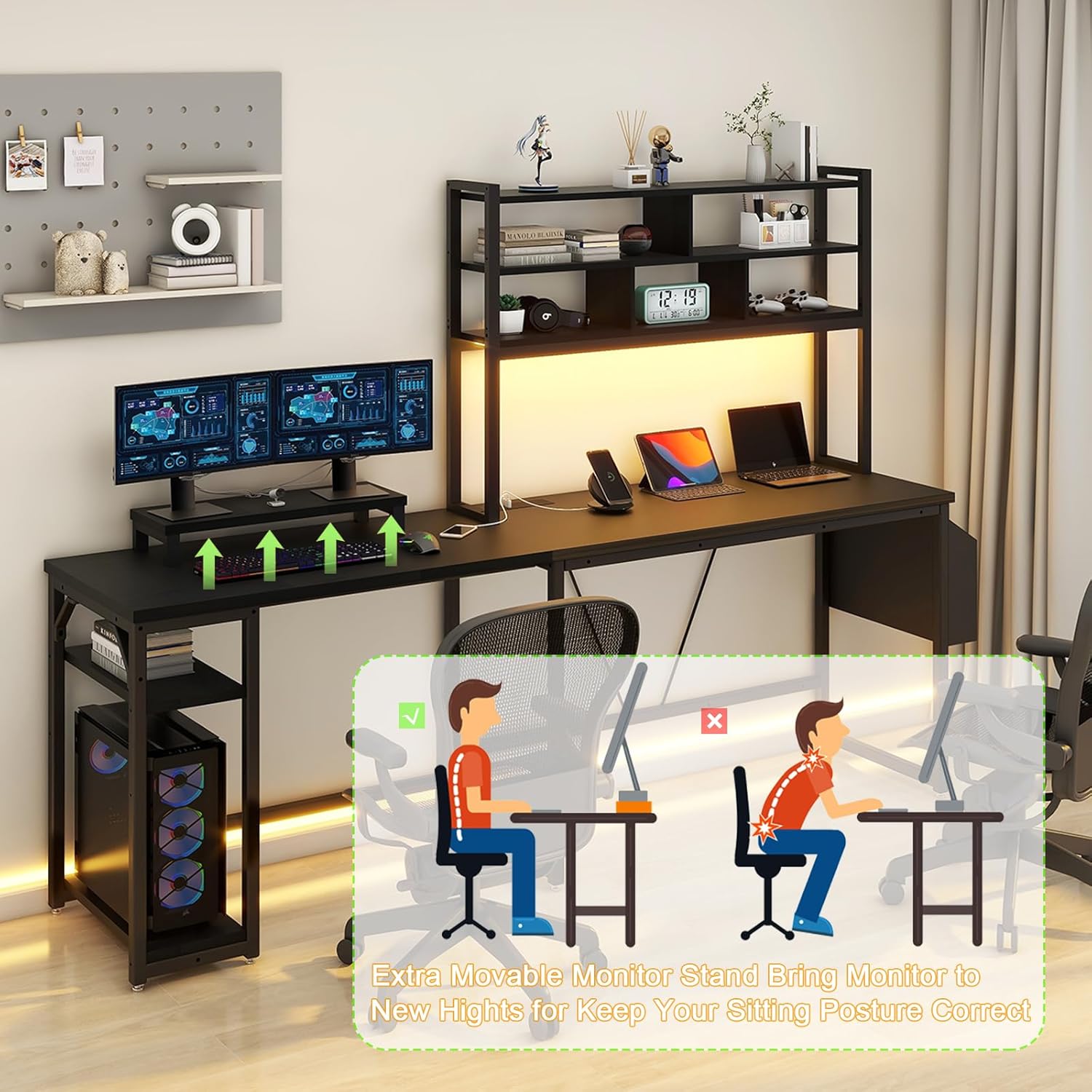 L Shaped Computer Desk with LED Sensor Lights and Power Outlets, Reversible L Shape Gaming Desk with Storage Bag and Hutch Monitor Stand, Home Office Desk with USB Port