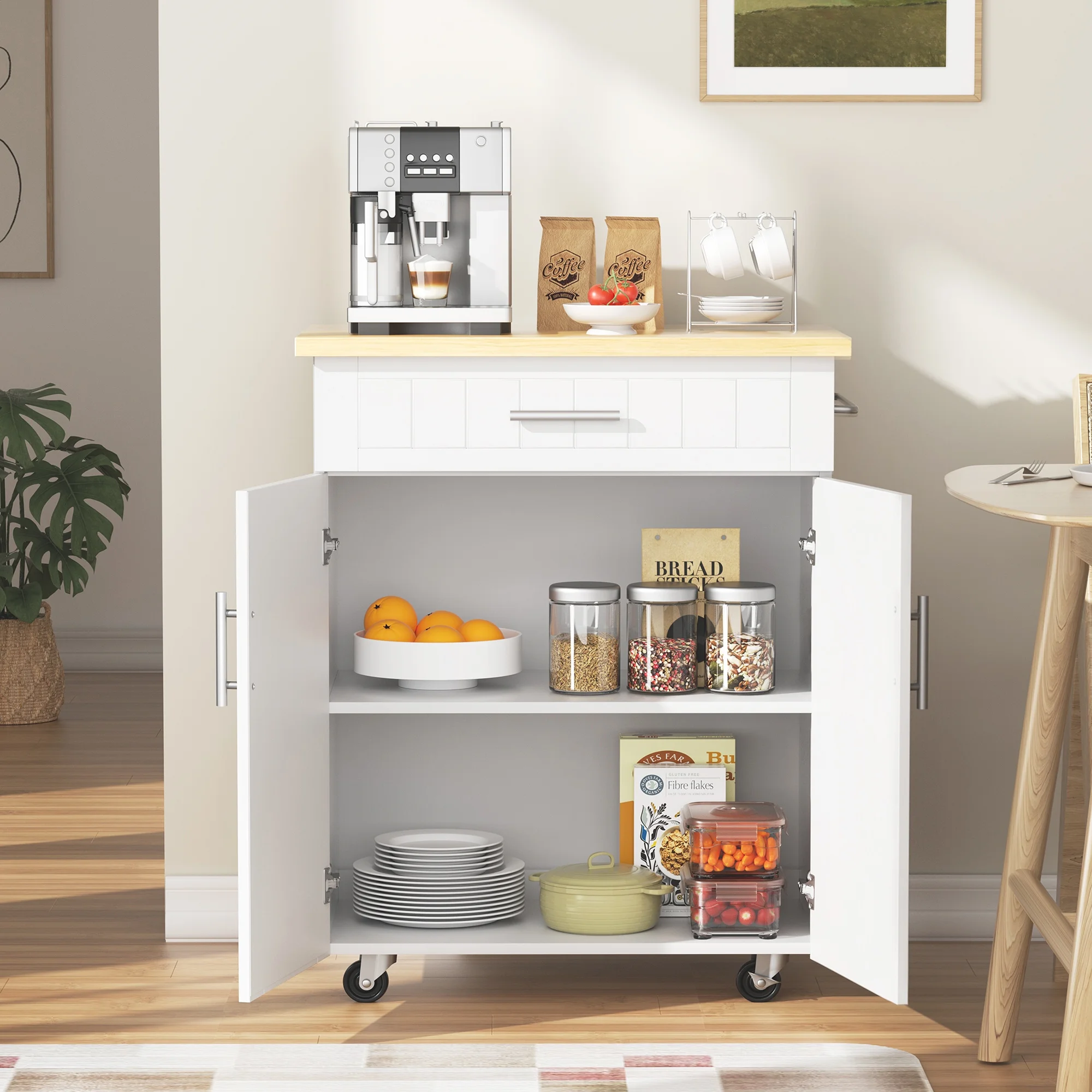 Walsunny Kitchen Island on Wheels with Storage, Kitchen Cart with Drawer and Countertop, 2 Doors Storage Cabinet for Dining Room Living Room, White