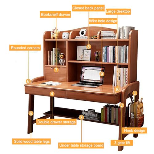 Solid Wood Writing Desk with Drawers and Shelf,Home Office Computer Desk with Hutch,Height Adjustable Student's Study Desk Workstation for Small Spaces(120x60x138cm(47x24x54in), White)
