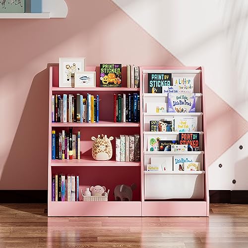 White Kids Bookshelf Wood Toy Storage Organizer Cabinet Children Bookcase Toddler Baby Sling Book Rack 3 Cube Bins Fabric Drawers for Playroom Bedroom Nursery School