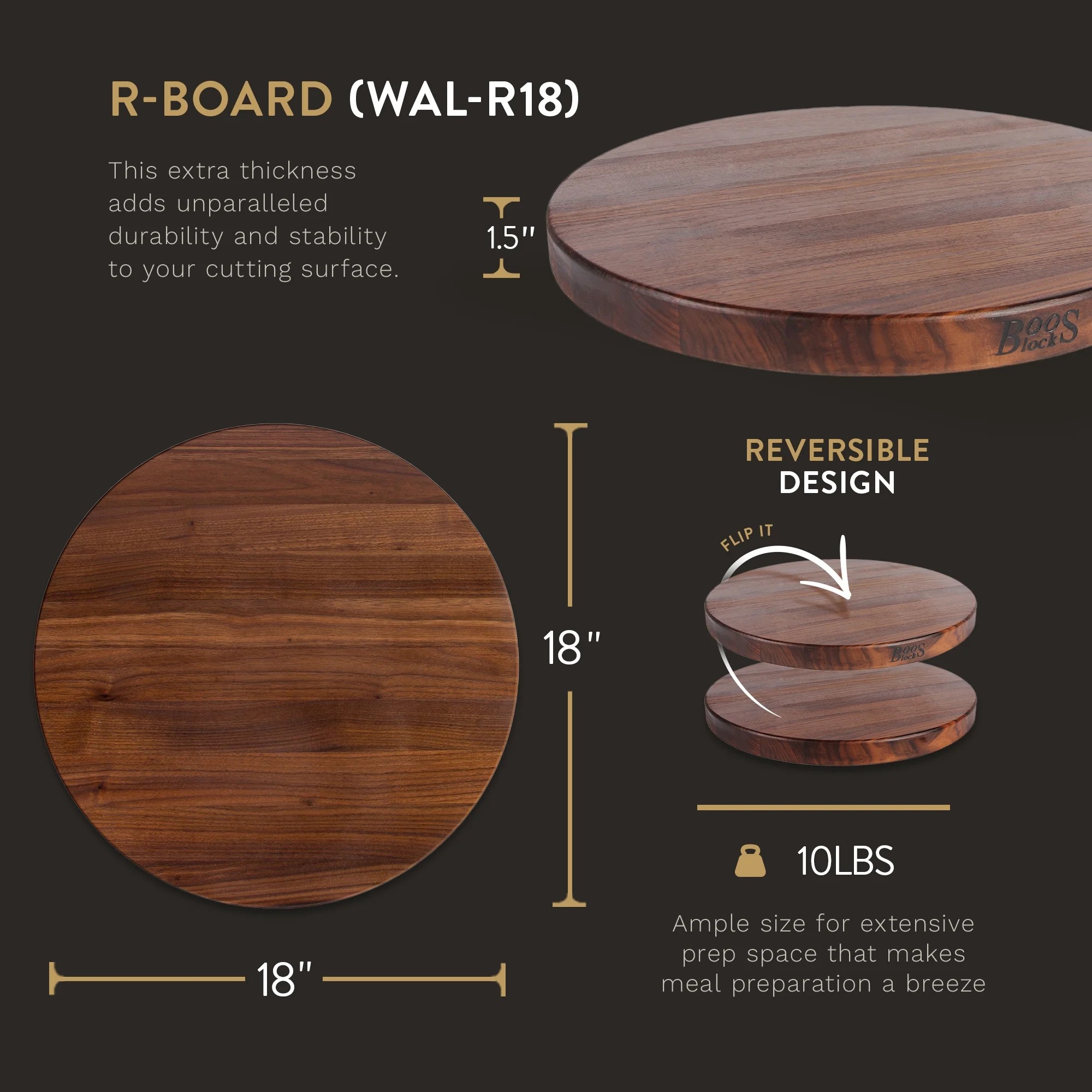 John Boos Walnut Wood Round Cutting Board for Kitchen, 18" x 18" x 1.5"