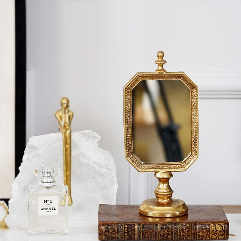 Table-style Folding Mirror Decoration-retro Handmade Old Desktop Makeup Mirror-nostalgic Golden Dressing Table Mirror Suitable for Home Decoration Any Desktop 4x9 Inches
