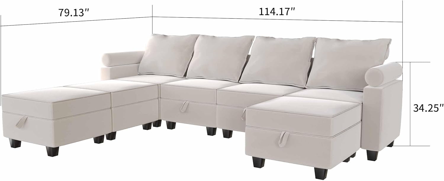 Kingfun Modular Sectional Sofa, Convertible 7-seated Couch with Storage Seat and Adjustable Armrest, Reversible Chaises and Ottoman, Oversized Sleeper Sofa for Living Room, Beige